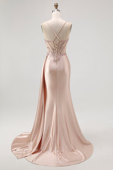 Corset Robe De Soirée Longue Perlée Sirène Champagne